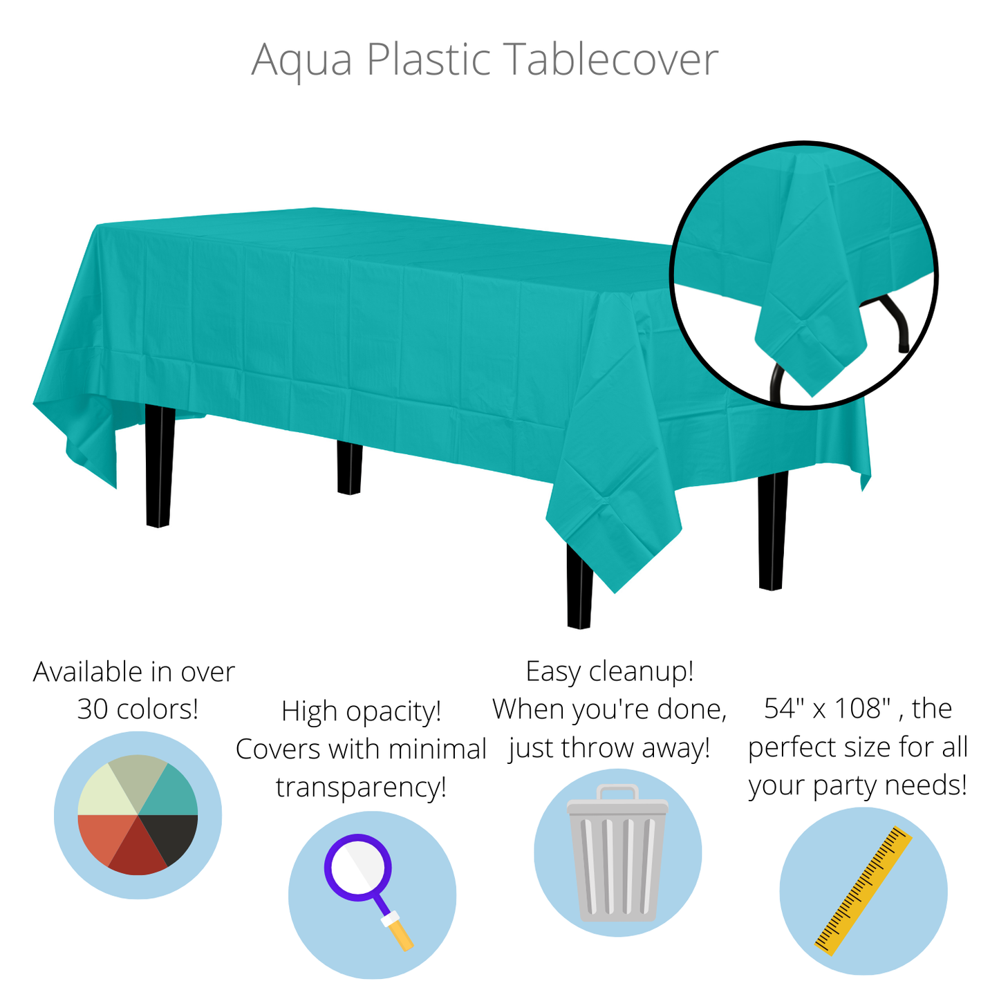 Aqua Blue Disposable Plastic Tablecloth - 54 in. x 108 in.