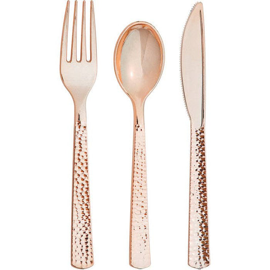 Rose Gold Metallic Hammered Assorted Cutlery, 24/Pkg