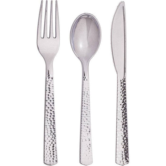 Silver Metallic Hammered Assorted Cutlery, 24/Pkg