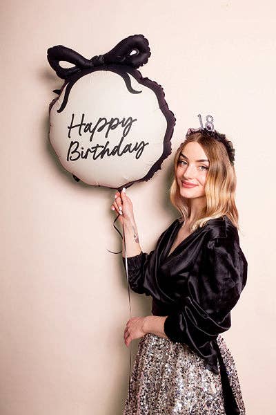 Happy Birthday Black Bow Round Foil Balloon 18 in.