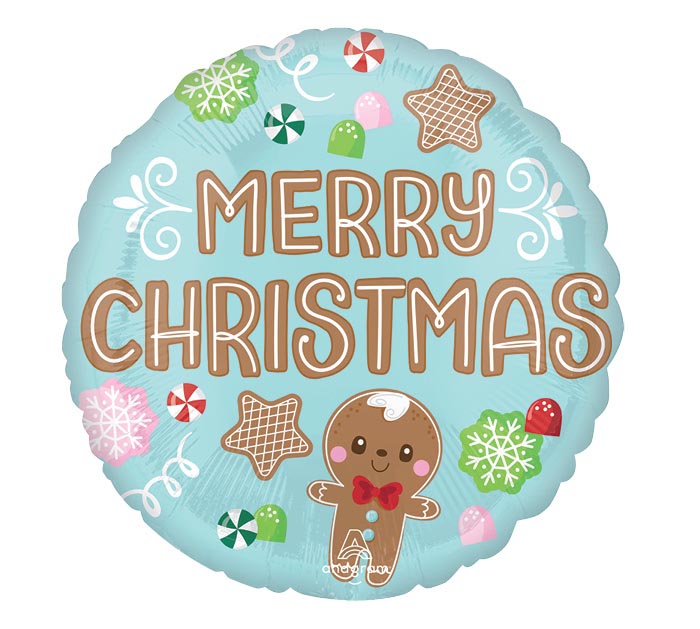 17" Light Blue Merry Christmas Gingerbread Balloon (NO HELIUM)