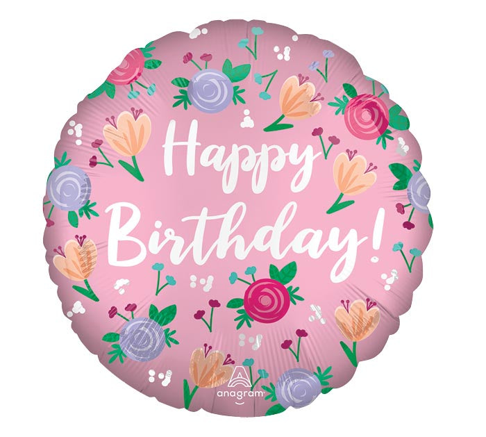 Peony Happy Birthday Round Foil Balloon 18 in.
