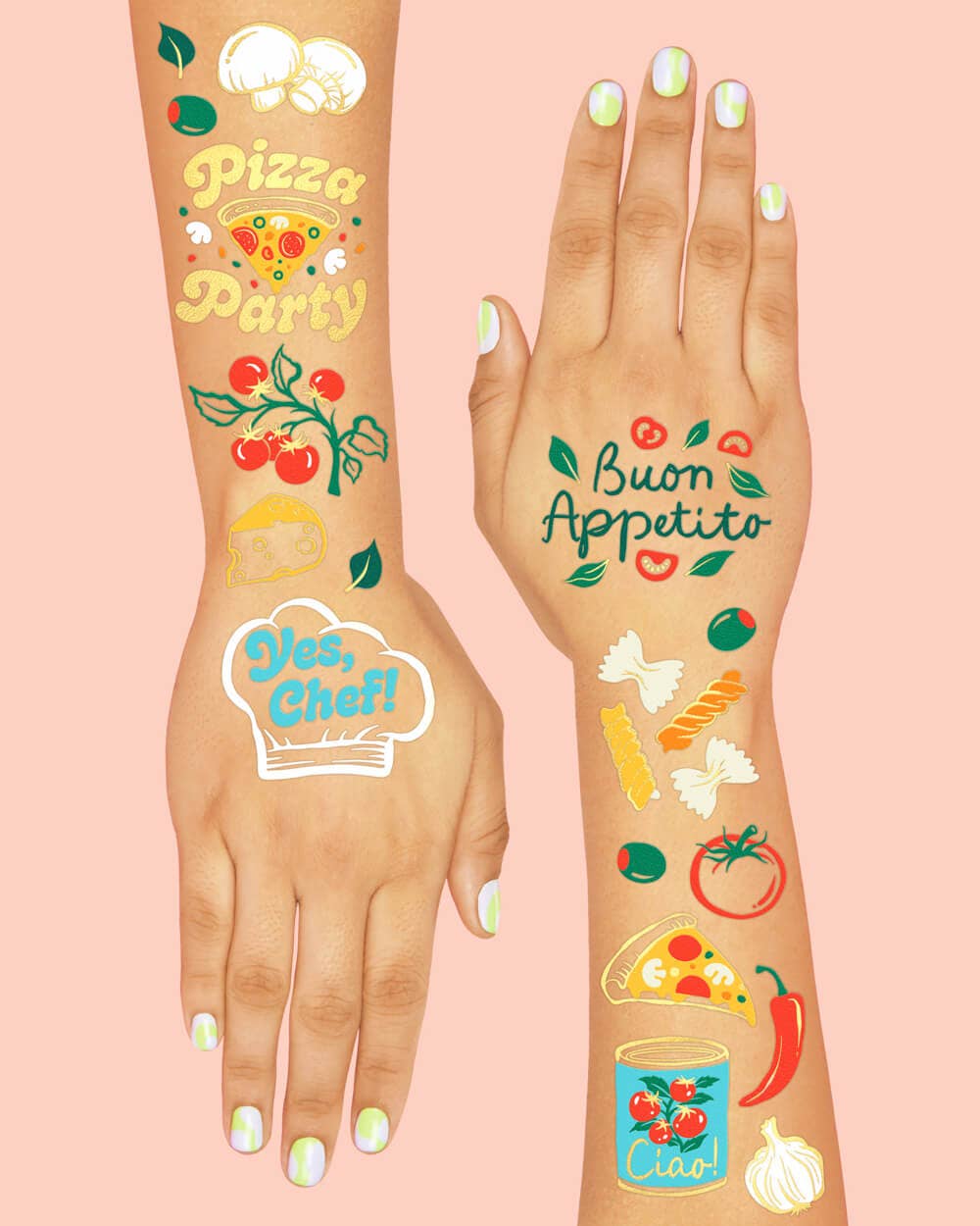 Pizza Party Tats - 72 temporary tattoos, kids, italian