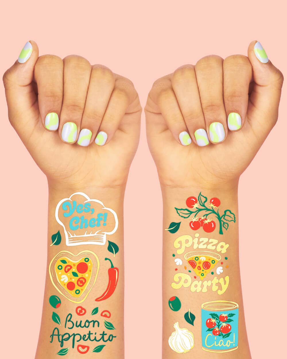 Pizza Party Tats - 72 temporary tattoos, kids, italian