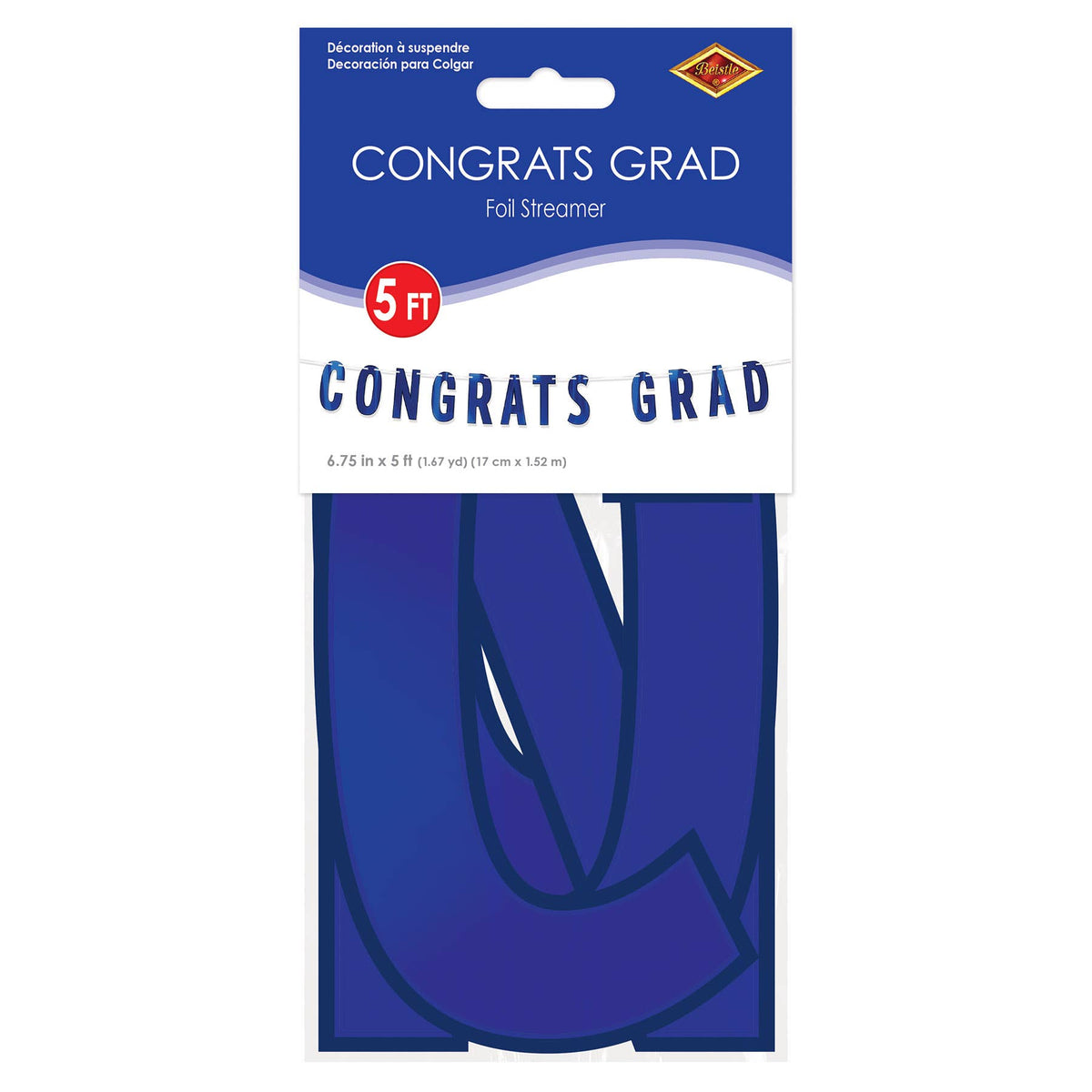 Blue Foil "Congrats Grad" Streamer, 6¾" x 5'