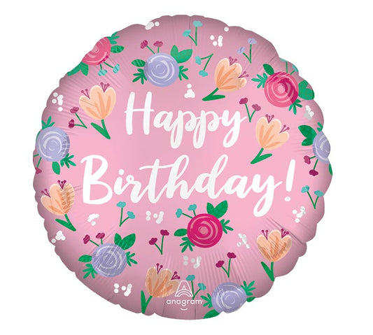 Peony Happy Birthday Round Foil Balloon 18 in.